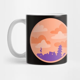 An orange sunset mit purple houses abstract design in a circle (round) Mug